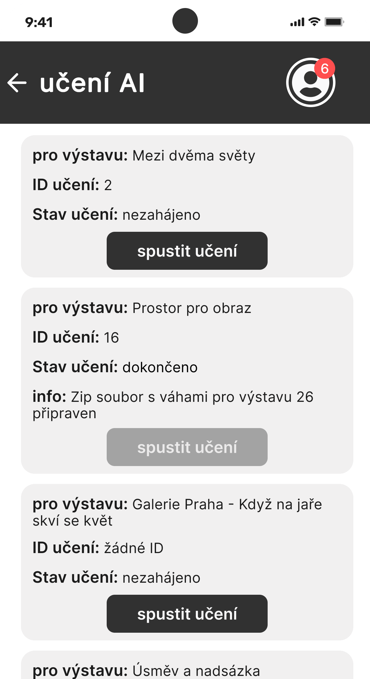 Galerie: Správa výstavních procesů - seznam stavů učení AI